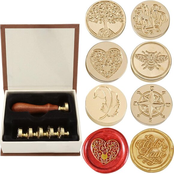 6 Pcs Wax Seal Stamp Set, Vintage Tree of Life Bee Heart Compass Feather with Lo - Picture 1 of 6
